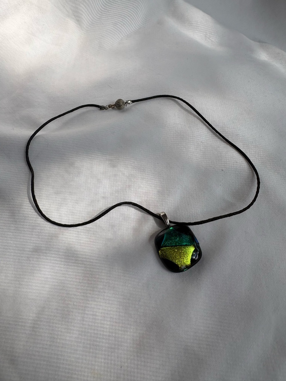 Vintage Dichroic Fused Glass Pendant Necklace Green Blue Art Glass
